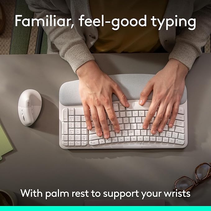 Logitech Wave Keys & Lift Vertical Mouse - Ergonomic Wireless Keyboard and Mouse Combo - with Cushioned Palm Rest, Easy - Switch, Bluetooth, for Multi - OS, Windows/Mac - Off - White | Keyboard Mouse Combos - TrueDesk