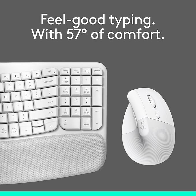 Logitech Wave Keys & Lift Vertical Mouse - Ergonomic Wireless Keyboard and Mouse Combo - with Cushioned Palm Rest, Easy - Switch, Bluetooth, for Multi - OS, Windows/Mac - Off - White | Keyboard Mouse Combos - TrueDesk