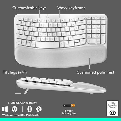 Logitech Wave Keys & Lift Vertical Mouse - Ergonomic Wireless Keyboard and Mouse Combo - with Cushioned Palm Rest, Easy - Switch, Bluetooth, for Multi - OS, Windows/Mac - Off - White | Keyboard Mouse Combos - TrueDesk