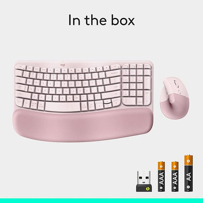 Logitech Wave Keys & Lift Vertical Mouse - Ergonomic Wireless Keyboard and Mouse Combo - with Cushioned Palm Rest, Easy - Switch, Bluetooth, for Multi - OS, Windows/Mac - Rose | Keyboard Mouse Combos - TrueDesk