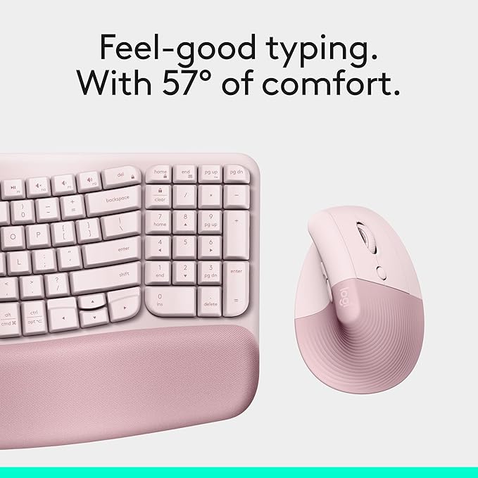 Logitech Wave Keys & Lift Vertical Mouse - Ergonomic Wireless Keyboard and Mouse Combo - with Cushioned Palm Rest, Easy - Switch, Bluetooth, for Multi - OS, Windows/Mac - Rose | Keyboard Mouse Combos - TrueDesk