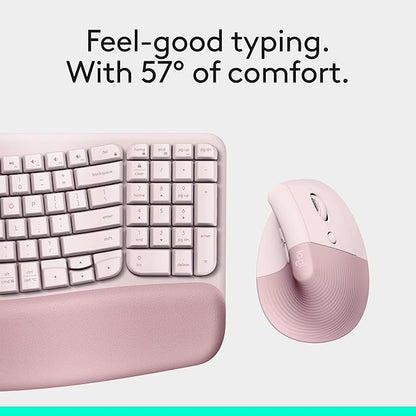 Logitech Wave Keys & Lift Vertical Mouse - Ergonomic Wireless Keyboard and Mouse Combo - with Cushioned Palm Rest, Easy - Switch, Bluetooth, for Multi - OS, Windows/Mac - Rose | Keyboard Mouse Combos - TrueDesk