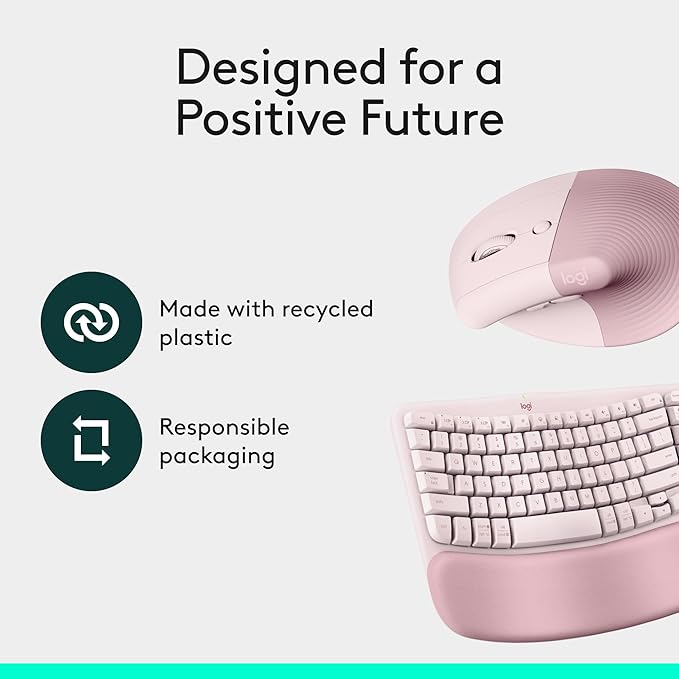 Logitech Wave Keys & Lift Vertical Mouse - Ergonomic Wireless Keyboard and Mouse Combo - with Cushioned Palm Rest, Easy - Switch, Bluetooth, for Multi - OS, Windows/Mac - Rose | Keyboard Mouse Combos - TrueDesk