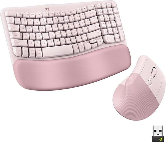 Logitech Wave Keys & Lift Vertical Mouse - Ergonomic Wireless Keyboard and Mouse Combo - with Cushioned Palm Rest, Easy - Switch, Bluetooth, for Multi - OS, Windows/Mac - Rose | Keyboard Mouse Combos - TrueDesk