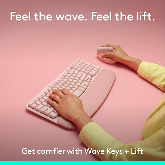 Logitech Wave Keys & Lift Vertical Mouse - Ergonomic Wireless Keyboard and Mouse Combo - with Cushioned Palm Rest, Easy - Switch, Bluetooth, for Multi - OS, Windows/Mac - Rose | Keyboard Mouse Combos - TrueDesk