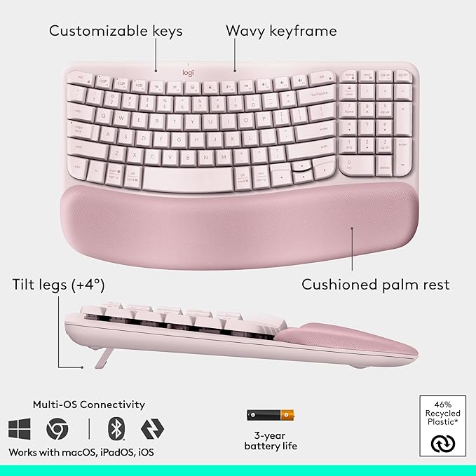 Logitech Wave Keys & Lift Vertical Mouse - Ergonomic Wireless Keyboard and Mouse Combo - with Cushioned Palm Rest, Easy - Switch, Bluetooth, for Multi - OS, Windows/Mac - Rose | Keyboard Mouse Combos - TrueDesk