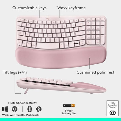 Logitech Wave Keys & Lift Vertical Mouse - Ergonomic Wireless Keyboard and Mouse Combo - with Cushioned Palm Rest, Easy - Switch, Bluetooth, for Multi - OS, Windows/Mac - Rose | Keyboard Mouse Combos - TrueDesk