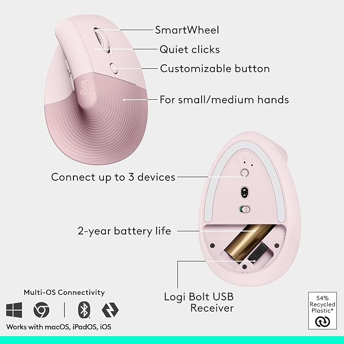Logitech Wave Keys & Lift Vertical Mouse - Ergonomic Wireless Keyboard and Mouse Combo - with Cushioned Palm Rest, Easy - Switch, Bluetooth, for Multi - OS, Windows/Mac - Rose | Keyboard Mouse Combos - TrueDesk