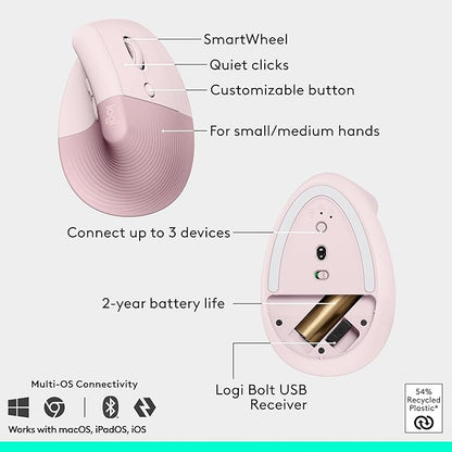Logitech Wave Keys & Lift Vertical Mouse - Ergonomic Wireless Keyboard and Mouse Combo - with Cushioned Palm Rest, Easy - Switch, Bluetooth, for Multi - OS, Windows/Mac - Rose | Keyboard Mouse Combos - TrueDesk