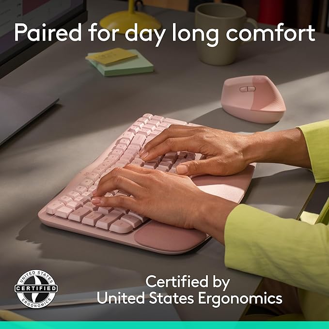 Logitech Wave Keys & Lift Vertical Mouse - Ergonomic Wireless Keyboard and Mouse Combo - with Cushioned Palm Rest, Easy - Switch, Bluetooth, for Multi - OS, Windows/Mac - Rose | Keyboard Mouse Combos - TrueDesk