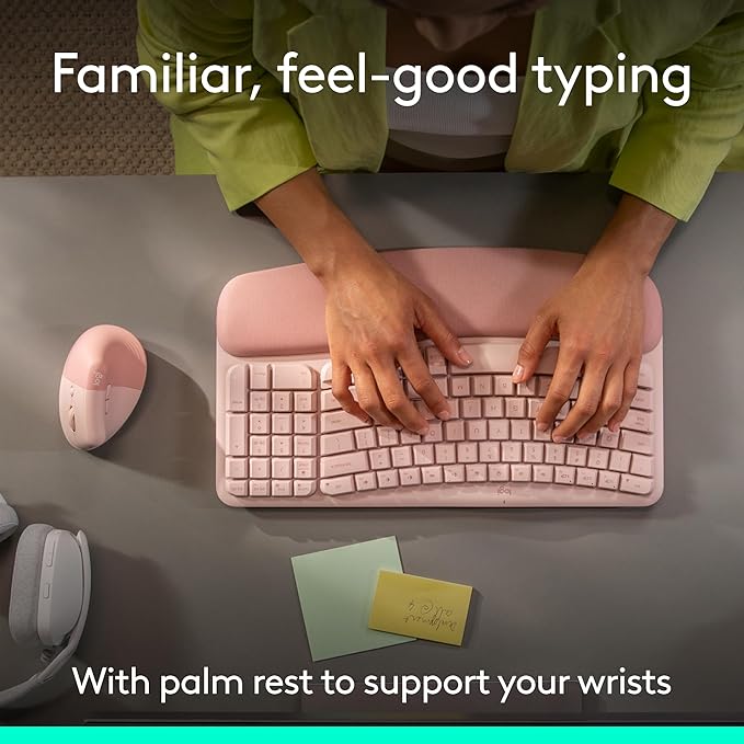 Logitech Wave Keys & Lift Vertical Mouse - Ergonomic Wireless Keyboard and Mouse Combo - with Cushioned Palm Rest, Easy - Switch, Bluetooth, for Multi - OS, Windows/Mac - Rose | Keyboard Mouse Combos - TrueDesk