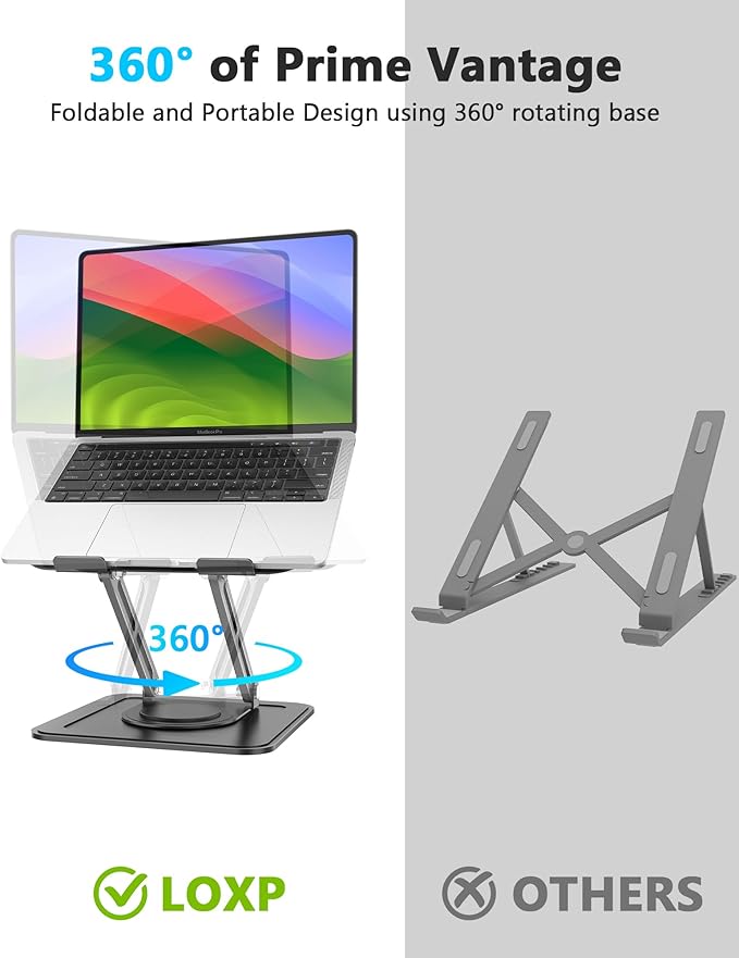 LOXP Adjustable Laptop Stand, Computer Stand with 360 Rotating Base, Ergonomic Laptop Riser Mount for Desk Foldable Protable Computer Desk Fits with MacBook Pro Air (10 - 16") - Black | Stands - TrueDesk
