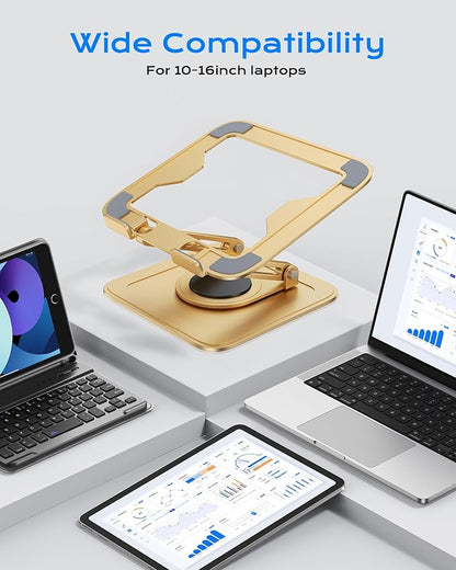 LOXP Adjustable Laptop Stand, Computer Stand with 360 Rotating Base, Ergonomic Laptop Riser Mount for Desk Foldable Protable Computer Desk Fits with MacBook Pro Air (10 - 16") - Gold | Stands - TrueDesk