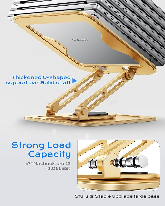 LOXP Adjustable Laptop Stand, Computer Stand with 360 Rotating Base, Ergonomic Laptop Riser Mount for Desk Foldable Protable Computer Desk Fits with MacBook Pro Air (10 - 16") - Gold | Stands - TrueDesk