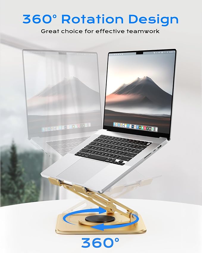 LOXP Adjustable Laptop Stand, Computer Stand with 360 Rotating Base, Ergonomic Laptop Riser Mount for Desk Foldable Protable Computer Desk Fits with MacBook Pro Air (10 - 16") - Gold | Stands - TrueDesk