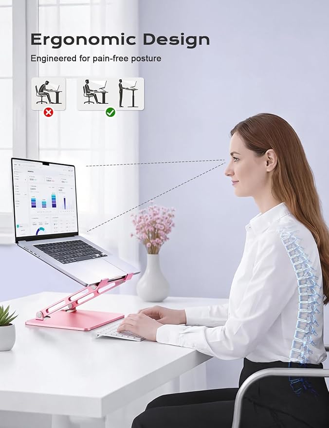 LOXP Adjustable Laptop Stand, Portable Laptop Riser, Aluminum Laptop Stand for Desk Foldable, Ergonomic Computer Notebook Holder for Desk, Office Desk Accessories (10 - 15.6'') - Pink | Stands - TrueDesk