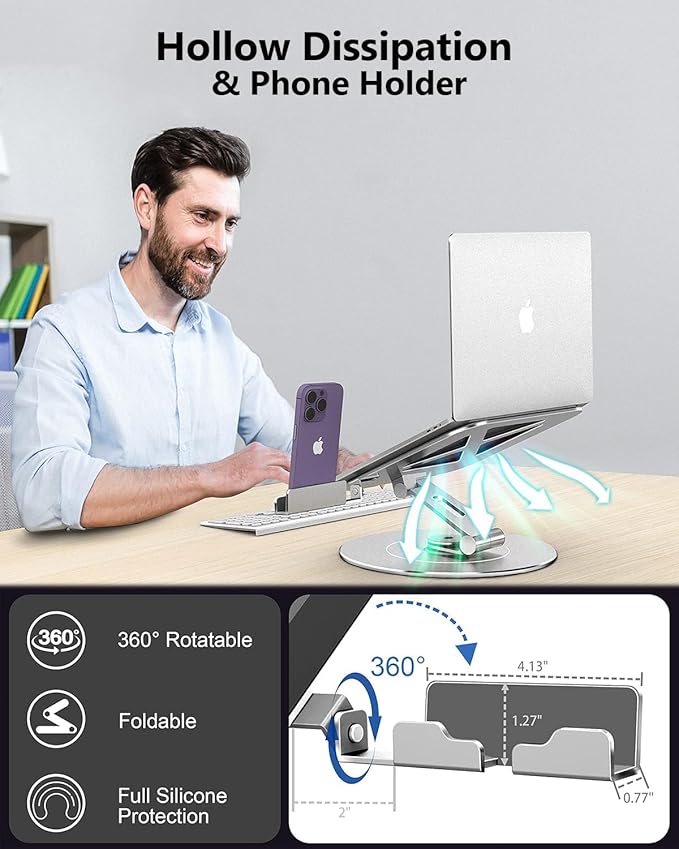 LOXP Laptop Stand with Phone Holder, Adjustable Laptop Stand, Aluminum Computer Mount Holder, Ergonomics Laptop Riser for Desk, Lectern Stand Fits MacBook, up to 17.3" All Notebooks Silver | Stands - TrueDesk