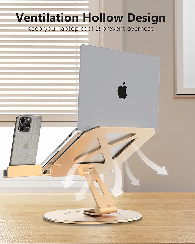 LOXP Ultra - Stable Aluminumy Laptop Stand for Desk with Foldable Phone Holder, 300% Large Base Stability, Anti - Loosening, Lectern Stand Suitable for 10" - 17.3" Laptops, Champagne Golden | Stands - TrueDesk