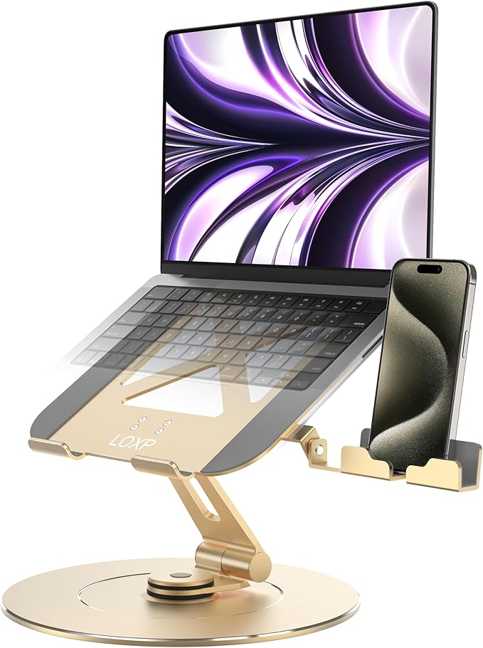 LOXP Ultra - Stable Aluminumy Laptop Stand for Desk with Foldable Phone Holder, 300% Large Base Stability, Anti - Loosening, Lectern Stand Suitable for 10" - 17.3" Laptops, Champagne Golden | Stands - TrueDesk