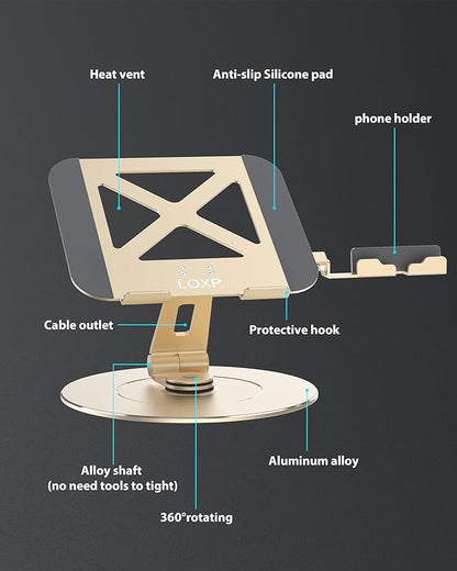 LOXP Ultra - Stable Aluminumy Laptop Stand for Desk with Foldable Phone Holder, 300% Large Base Stability, Anti - Loosening, Lectern Stand Suitable for 10" - 17.3" Laptops, Champagne Golden | Stands - TrueDesk