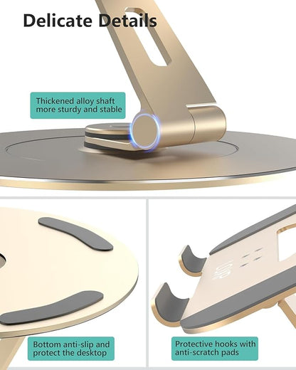 LOXP Ultra - Stable Aluminumy Laptop Stand for Desk with Foldable Phone Holder, 300% Large Base Stability, Anti - Loosening, Lectern Stand Suitable for 10" - 17.3" Laptops, Champagne Golden | Stands - TrueDesk