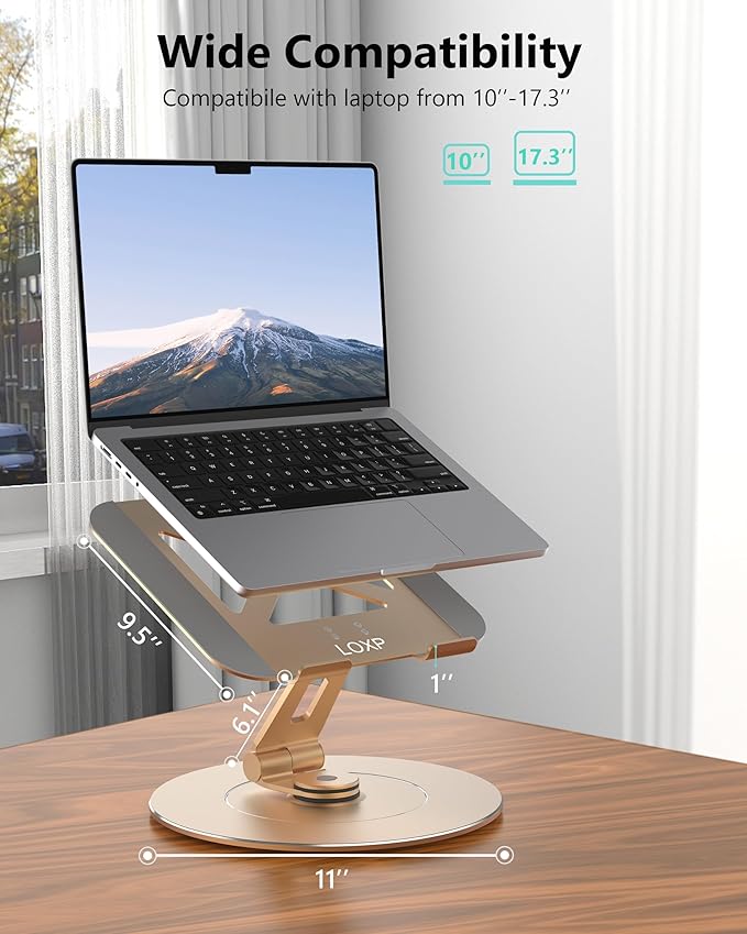 LOXP Ultra - Stable Aluminumy Laptop Stand for Desk with Foldable Phone Holder, 300% Large Base Stability, Anti - Loosening, Lectern Stand Suitable for 10" - 17.3" Laptops, Champagne Golden | Stands - TrueDesk