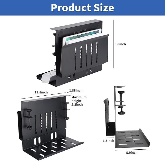LUKETURE Desk Side Storage, Laptop Holder with Cable Management Tray, 2 in 1 Steel Under Desk Laptop Mount, Table Organization, Space Saving Table Accessories for Office and Home (Black) | Stands - TrueDesk