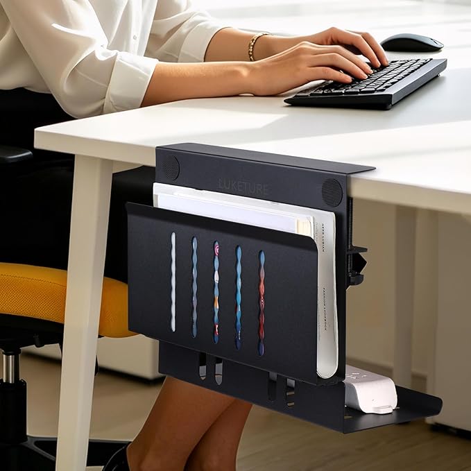 LUKETURE Desk Side Storage, Laptop Holder with Cable Management Tray, 2 in 1 Steel Under Desk Laptop Mount, Table Organization, Space Saving Table Accessories for Office and Home (Black) | Stands - TrueDesk
