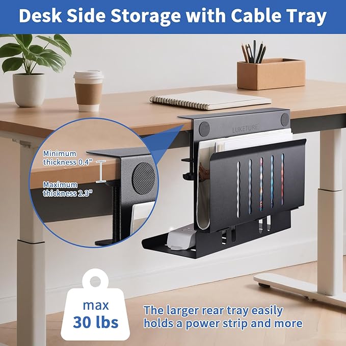 LUKETURE Desk Side Storage, Laptop Holder with Cable Management Tray, 2 in 1 Steel Under Desk Laptop Mount, Table Organization, Space Saving Table Accessories for Office and Home (Black) | Stands - TrueDesk