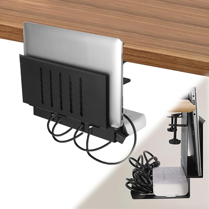 LUKETURE Desk Side Storage, Laptop Holder with Cable Management Tray, 2 in 1 Steel Under Desk Laptop Mount, Table Organization, Space Saving Table Accessories for Office and Home (Black) | Stands - TrueDesk