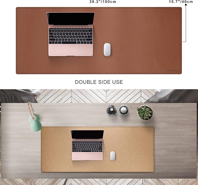 MAIDERN 40" x 16" Cork & Leather Desk Pad, Large XXL Mat, Full Mouse Pad, Reversible Protector for Gaming Home Office (Brown) | Desk Pads Blotters - TrueDesk