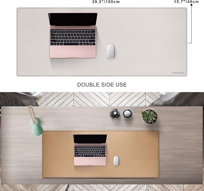MAIDERN 40" x 16" Reversible XXL Cork & Leather Desk Pad, Full Desk Mat Protector for Gaming Home Office (Cream) | Desk Pads Blotters - TrueDesk