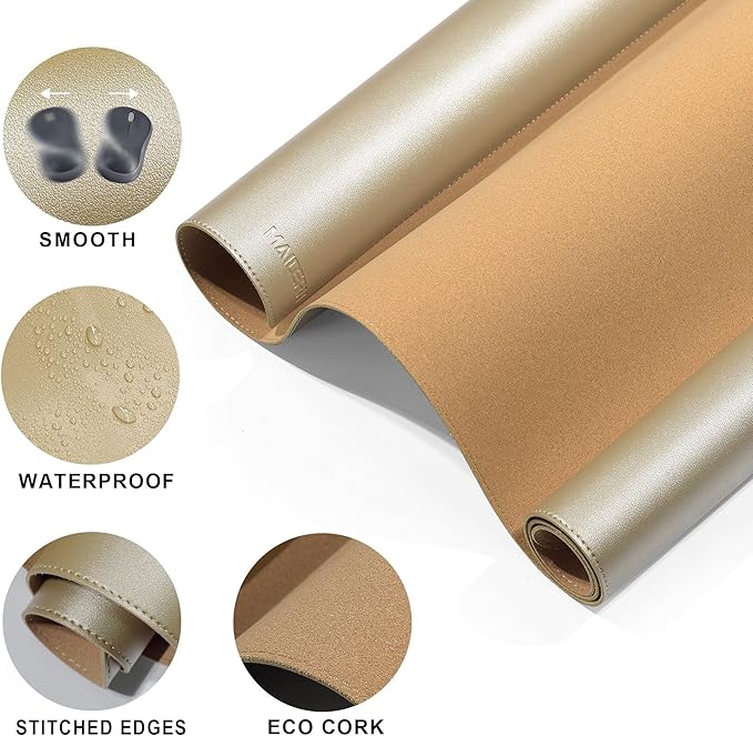 MAIDERN 40” x 24” Leather Desk Mat XL, Large Desk Pad, Reversible Cork & Leather Large Mouse pad for Desk, Waterproof Computer Desk Mat for Gaming Home Office (Golden) | Desk Pads Blotters - TrueDesk