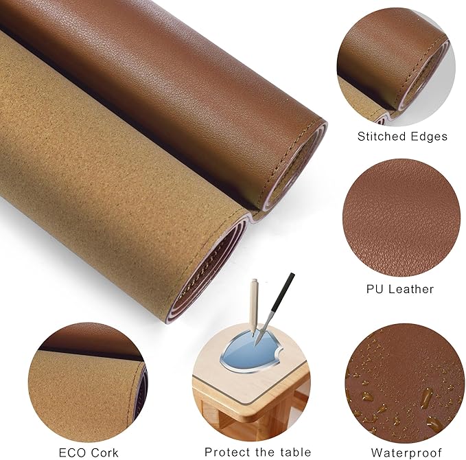 MAIDERN 40” x 24” Leather Desk Pad, Reversible Large Desk Mat, Cork & Leather Large Mouse pad for Desk, Waterproof Computer Desk Pad for Gaming Home Office (Brown) | Mouse Pads - TrueDesk