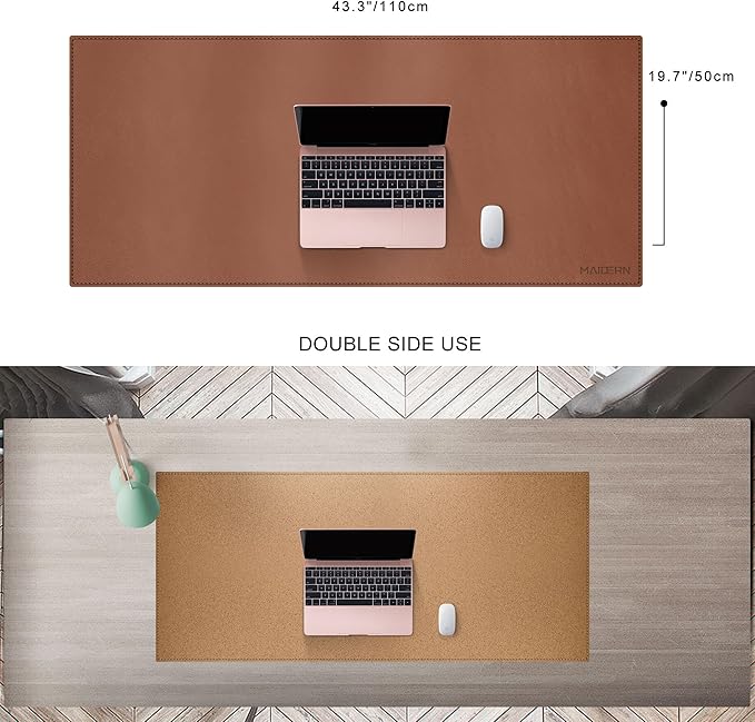 MAIDERN 43.3”x 19.6” Leather Desk Mat, Large Desk Pad, Cork & Leather Large Mouse pad for Desk, Waterproof Computer Desk Mat for Gaming Home Office (Brown) | Mouse Pads - TrueDesk