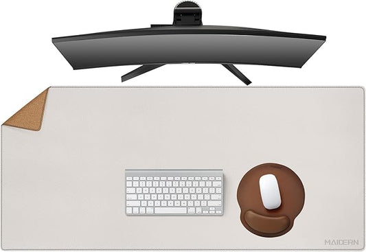 MAIDERN 43.3”x 19.6” Leather Desk Mat, Large Desk Pad, Cork & Leather Large Mouse pad for Desk, Waterproof Computer Desk Mat for Gaming Home Office (Cream) | Desk Pads Blotters - TrueDesk