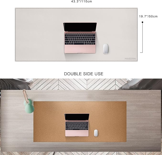 MAIDERN 43.3”x 19.6” Leather Desk Mat, Large Desk Pad, Cork & Leather Large Mouse pad for Desk, Waterproof Computer Desk Mat for Gaming Home Office (Cream) | Desk Pads Blotters - TrueDesk