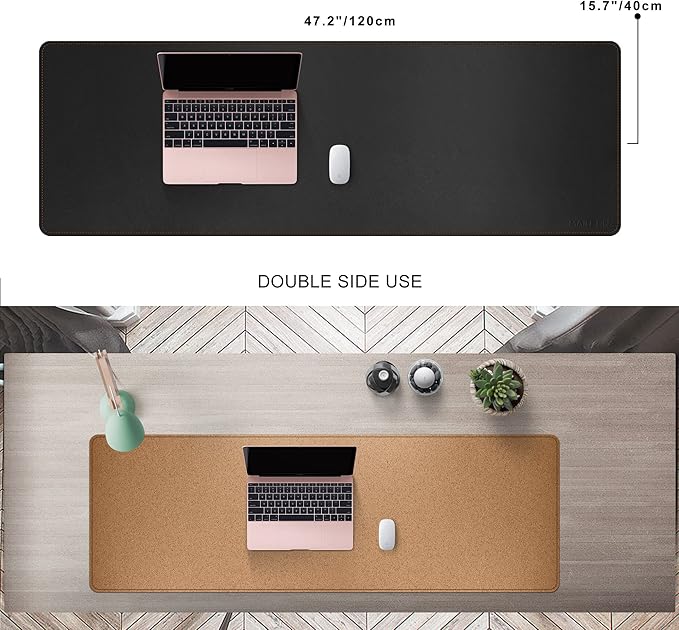 MAIDERN 47.2" x 15.7" Cork & Leather Desk Pad, Large XXL Mat, Full Mouse Pad, Dual Sided Protector for Gaming Home Office (Black) | Desk Pads Blotters - TrueDesk