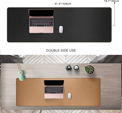 MAIDERN 47.2" x 15.7" Cork & Leather Desk Pad, Large XXL Mat, Full Mouse Pad, Dual Sided Protector for Gaming Home Office (Black) | Desk Pads Blotters - TrueDesk