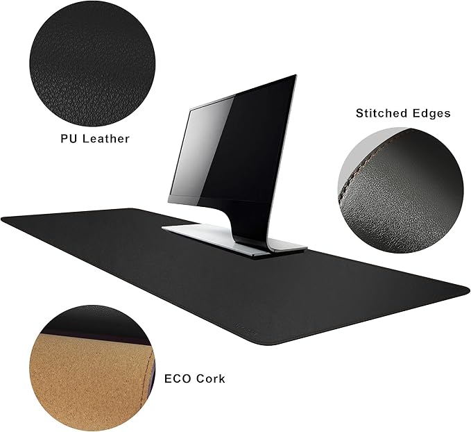MAIDERN 47.2" x 15.7" Cork & Leather Desk Pad, Large XXL Mat, Full Mouse Pad, Dual Sided Protector for Gaming Home Office (Black) | Desk Pads Blotters - TrueDesk