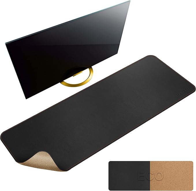MAIDERN 47.2" x 15.7" Cork & Leather Desk Pad, Large XXL Mat, Full Mouse Pad, Dual Sided Protector for Gaming Home Office (Black) | Desk Pads Blotters - TrueDesk