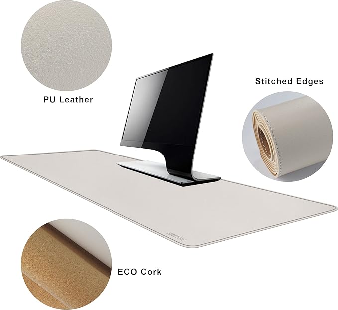 MAIDERN 47.2" x 15.7" Cork & Leather Desk Pad, Large XXL Mat, Full Mouse Pad, Dual Sided Protector for Gaming Home Office (Cream) | Desk Pads Blotters - TrueDesk
