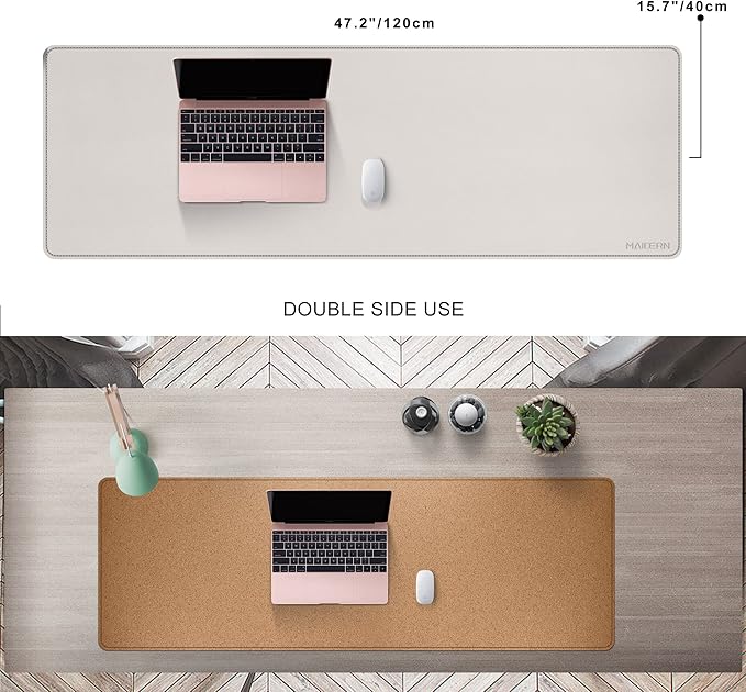 MAIDERN 47.2" x 15.7" Cork & Leather Desk Pad, Large XXL Mat, Full Mouse Pad, Dual Sided Protector for Gaming Home Office (Cream) | Desk Pads Blotters - TrueDesk