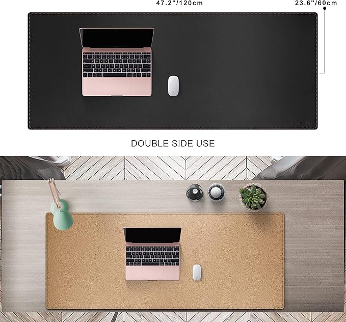 MAIDERN 47.2" x 23.6" XXL Cork & Leather Desk Mat, Reversible Full Desk Mouse Pad Protector (Black) | Desk Pads Blotters - TrueDesk