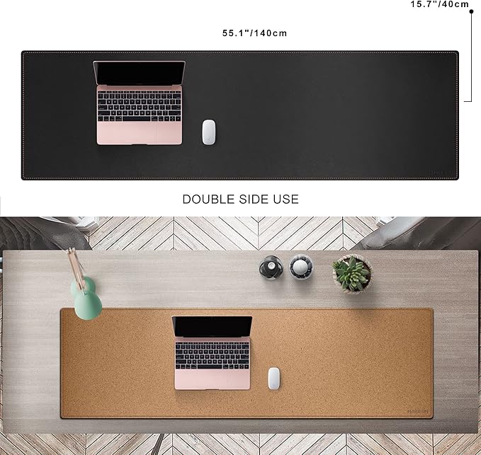 MAIDERN 55' x 15.7' Cork & Leather Desk Mat, XXL Dual Sided Desk Pad Protector for Gaming & Home Office (Black) | Desk Pads Blotters - TrueDesk