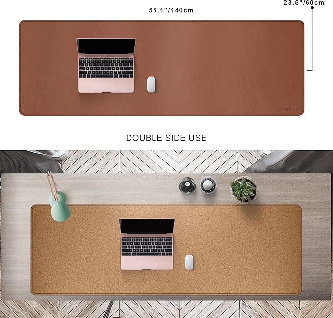 MAIDERN 55" x 24" Cork & Leather Desk Pad, Large XXL Mat, Full Mouse Pad, Dual Sided Protector for Gaming Home Office (Brown) | Desk Pads Blotters - TrueDesk