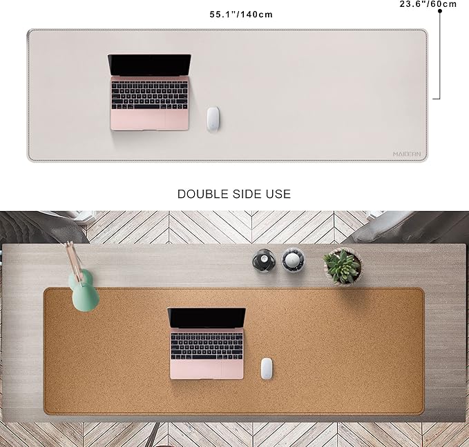 MAIDERN 55" x 24" Cork & Leather Desk Pad, Large XXL Mat, Full Mouse Pad, Dual Sided Protector for Gaming Home Office (Cream) | Desk Pads Blotters - TrueDesk