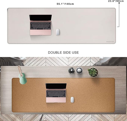 MAIDERN 55" x 24" Cork & Leather Desk Pad, Large XXL Mat, Full Mouse Pad, Dual Sided Protector for Gaming Home Office (Cream) | Desk Pads Blotters - TrueDesk