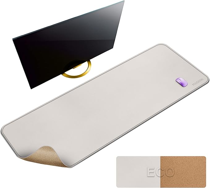 MAIDERN 55" x 24" Cork & Leather Desk Pad, Large XXL Mat, Full Mouse Pad, Dual Sided Protector for Gaming Home Office (Cream) | Desk Pads Blotters - TrueDesk