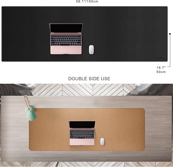 MAIDERN 59”x 19.6” Leather Desk Pad, Large Desk Mat, Reversible Cork & Leather Large Mouse pad for Desk, Waterproof Computer Desk Pad for Gaming Home Office (Black) … | Mouse Pads - TrueDesk